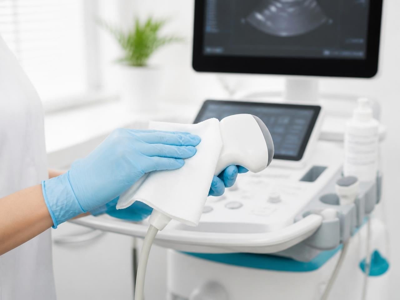 Transdutor de ultrassom sendo limpo com pano de microfibra por profissional com luvas